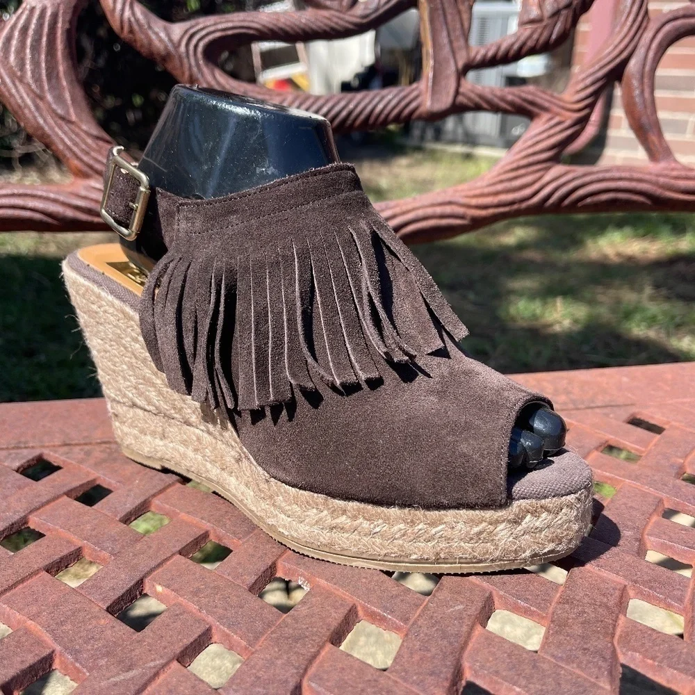 💋Kanna Brown Suede Leather Fringe Slingback Platform Wedge Open Toe Sandal